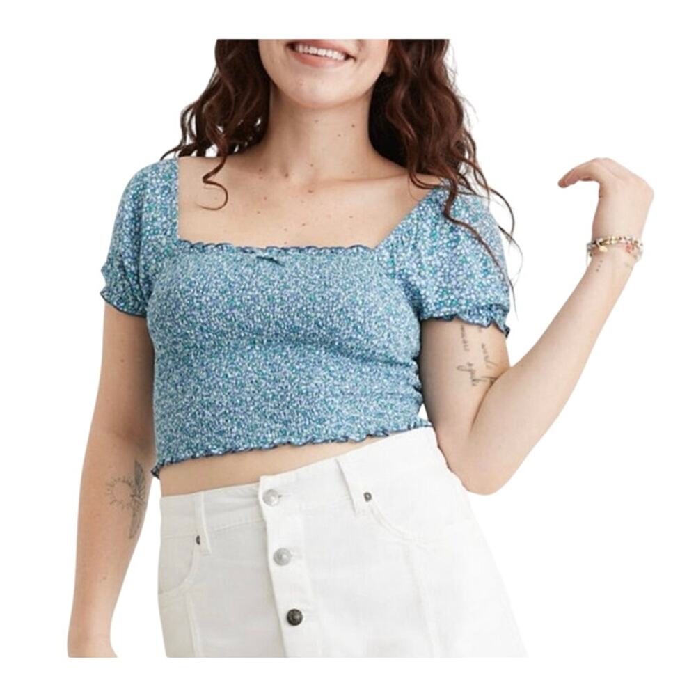 Aerie Size XXL Puff Sleeve Smocked Crop Top Blue Micro Floral Cottagecore Summer